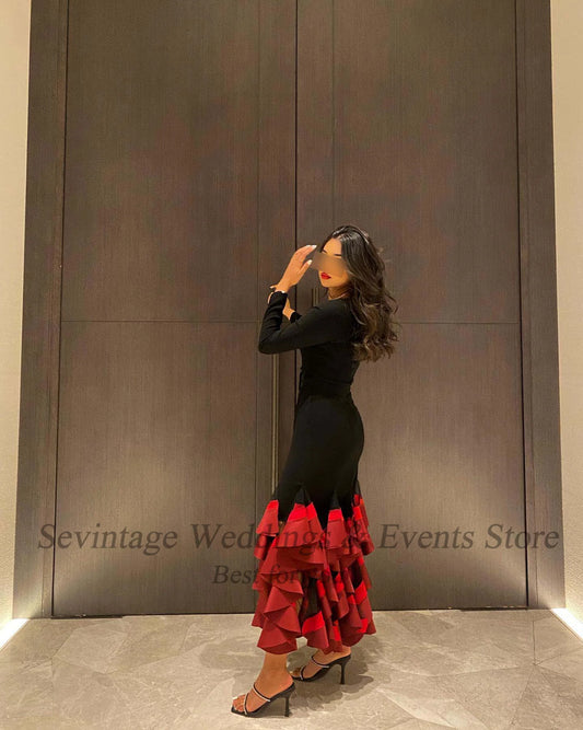 Black Red Mermaid Evening Dresses Women Long Sleeves V-Neck Formal Prom Gowns Ankle-Length Bridesmaid Party Dress