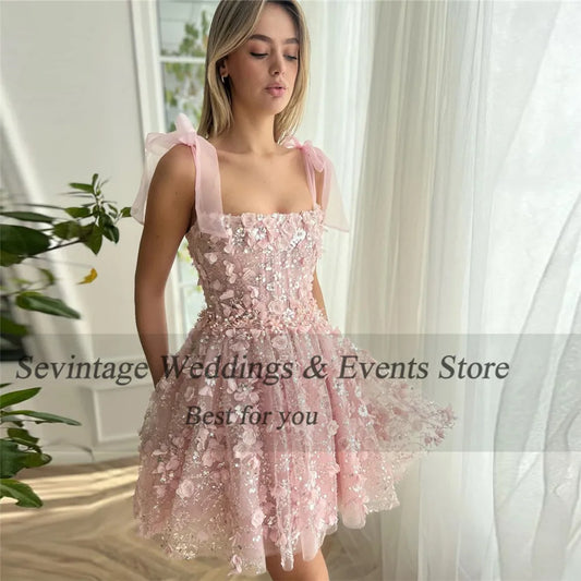 Fairy Pink Prom Dresses 3D Flowers Spaghetti Strap Pleat Ruched Above Knee Homecoming Dresses vestidos de graduación