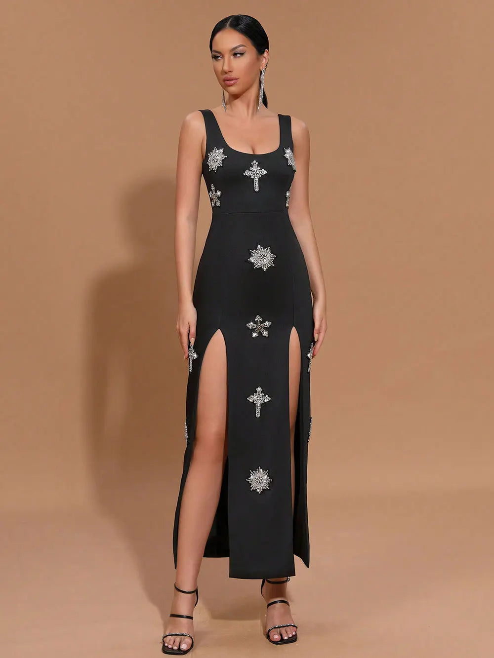 Sexy Women's Light Luxury Nail Diamond Design Split Bandage Dress O-Neck Sleeveless Bodycon Black Long Dress Party Vestidos black