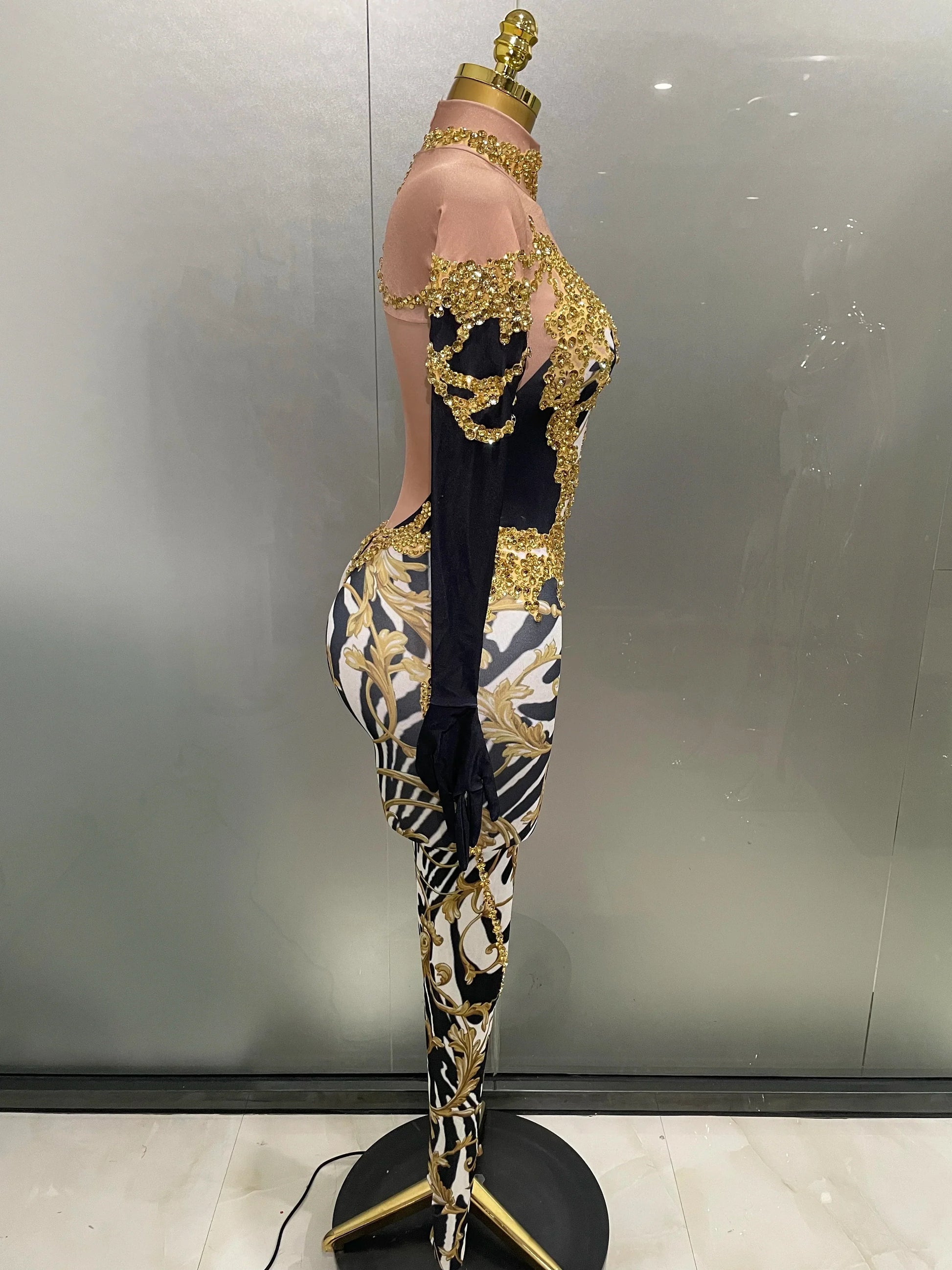 Sparkly Gold Rhinestones Jumpsuit With Gloves Women Sexy Printed Party Nightclub Bar Singer Stage Performance Costume