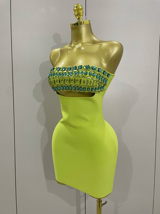 Luxury Sexy Strapless Sparkly Diamond Cut Out Bodycon Bandage Dress Women Celebrity Elegant Evening Party Birthday Outfit