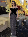 Women Sexy Off Shoulder Pearl Diamond Black Maxi Long Bandage Two Piece Set Elegant Evening Club Party Prom Gowns