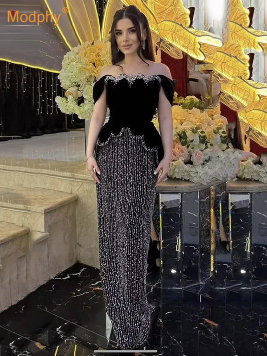 Women Sexy Off Shoulder Pearl Diamond Black Maxi Long Bandage Two Piece Set Elegant Evening Club Party Prom Gowns