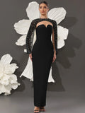 Sexy Women's Light Luxury Nail Bead Shawl+Strapless Sleeveless Bandage Dress Set Fashion Bodycon Long Dress Party Vestidos black