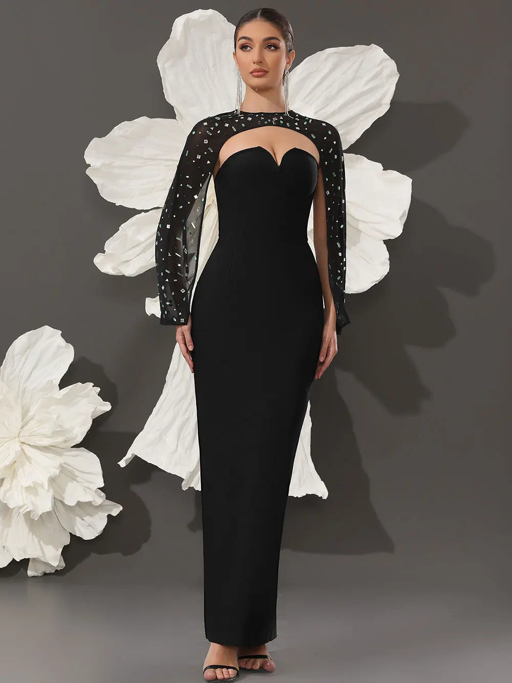 Sexy Women's Light Luxury Nail Bead Shawl+Strapless Sleeveless Bandage Dress Set Fashion Bodycon Long Dress Party Vestidos black