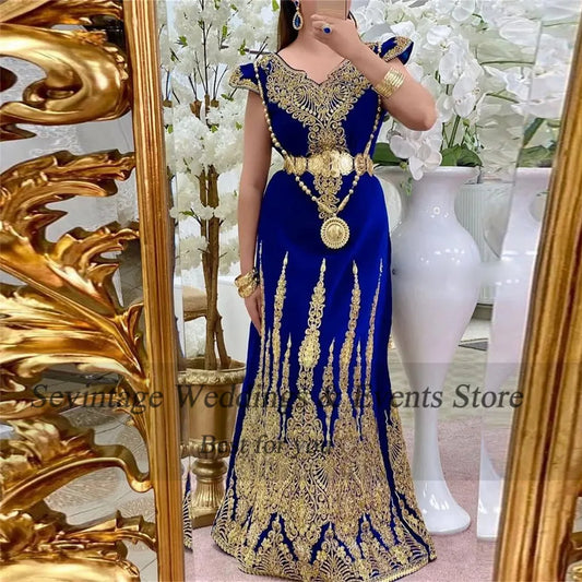 Royal Blue Velvet Mermaid Evening Dress Algerian Badranne Lace Applique Muslim Formal Prom Gown Vestidos De Gala