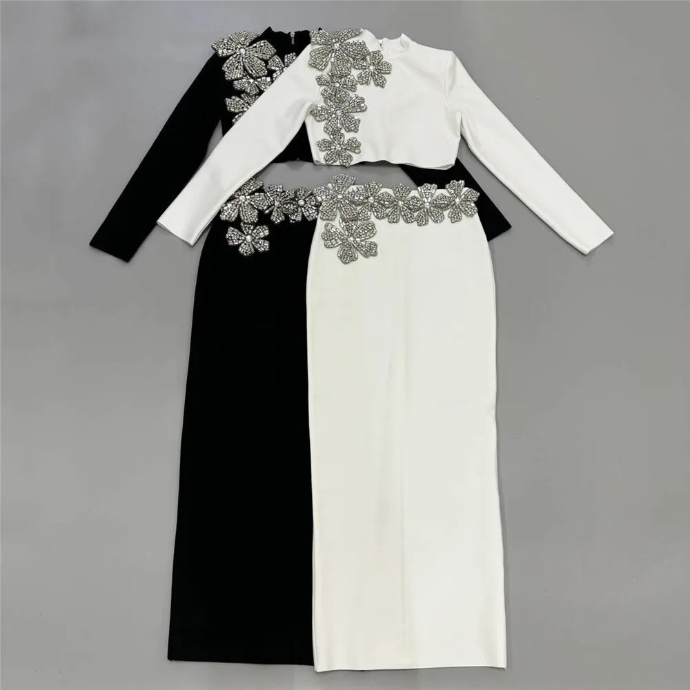 High Quality Women Long Sleeve Diamond Florals Bodycon 2 Pieces Mini Bandage Dress Celebrate Nightclub Party Birthday Dress WHITE