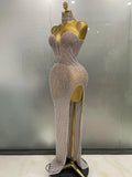 Luxurious Full Rhinestones Mesh Transparent long dress Women Birthday Celebrate Evening Prom Dress party Club Stage Costume
