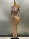 Sexy Shinny Rhinestone Stretch Mesh Transparent Long Dress Women Evening Birthday Party Prom Nightclub Singer Stage Wear