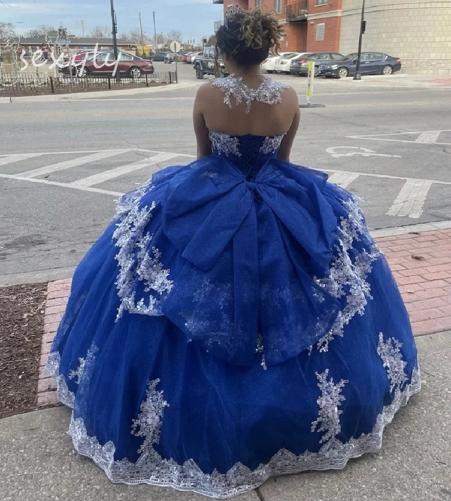 Gorgeous Royal Blue Quinceanera Dresses With Lace Ball Gown Sweet 15 Dress 2025 With Big Bow Elegant Formal Birthday Customized