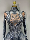 Sexy Stretchy Performance Dance Nightclub Rompers Singer Stage Wear Sparkly Rhinestones Jumpsuit Gloves for Women Costume