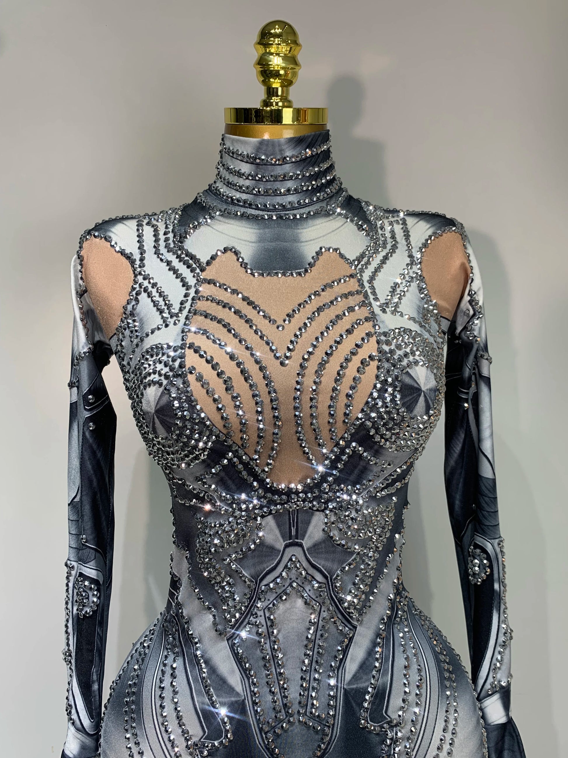 Sexy Stretchy Performance Dance Nightclub Rompers Singer Stage Wear Sparkly Rhinestones Jumpsuit Gloves for Women Costume