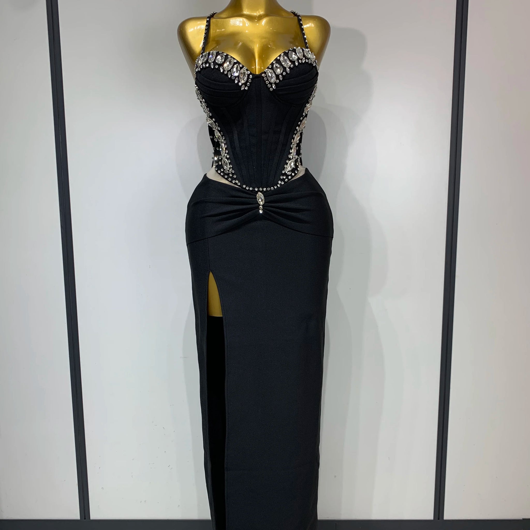 Women New Black Pink Bandage Dress Spaghetti Strap Rhinestones Luxury Birthday Evening Party Dress One Piece Elegant Gala Gowns black