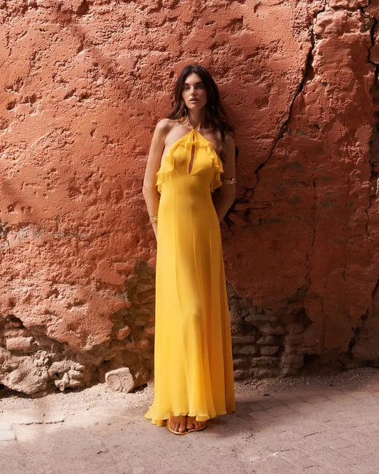 Summer Women Sexy Halter Chiffon Loose Long Dress Beach Style Vacation Casual Birthday Party Outfit Vestido Orange