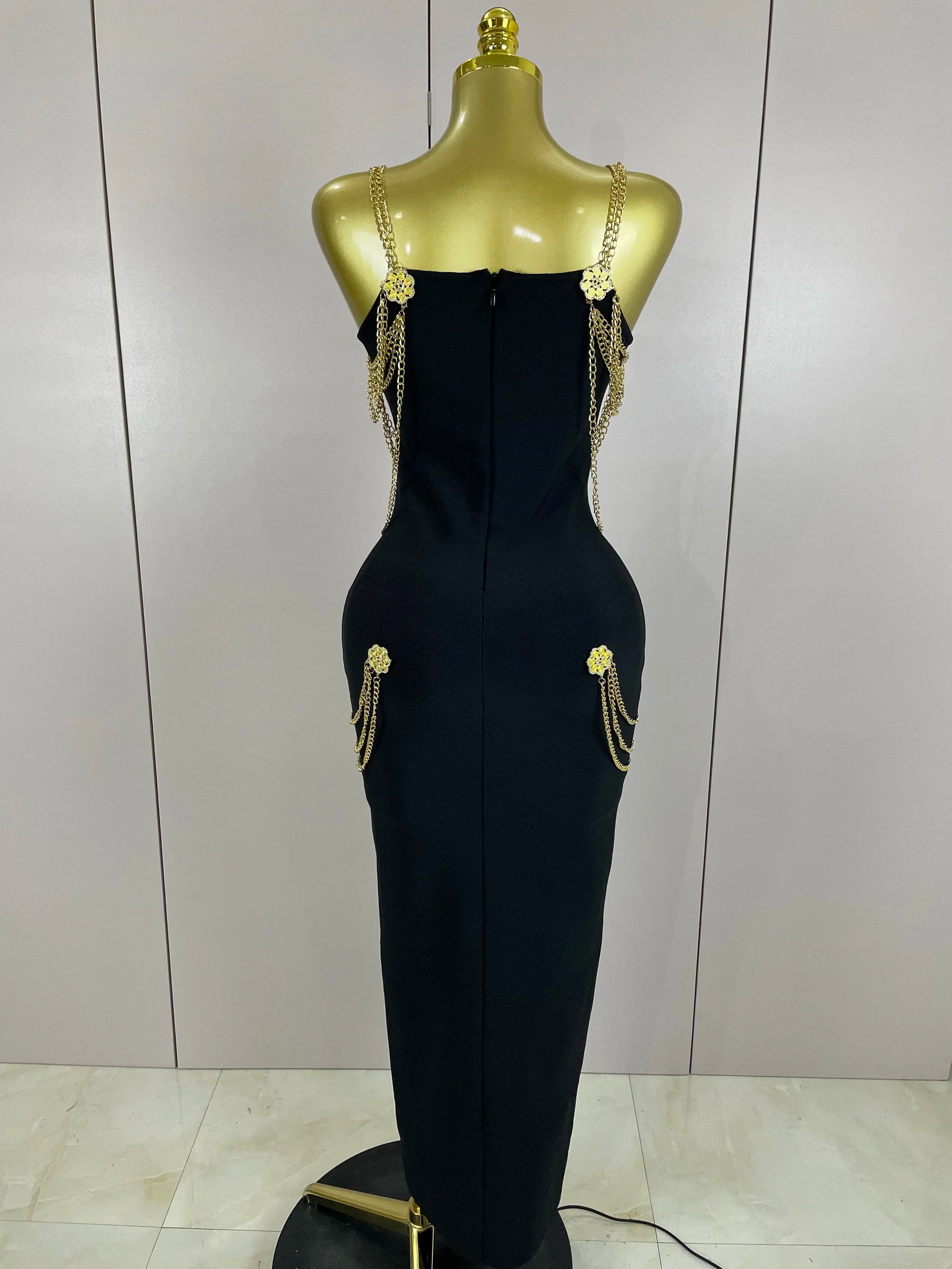 Black Chain Spaghetti Strap V-Neck Split Bandage Dress Bodycon Celebrity Club Party Long Dress Vestidos