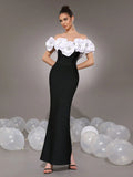 Elegant Women's Light Luxury Flower Design Bandage Dresses One Collar Shoulder Bodycon Bareback Long Dress Party Vestidos black
