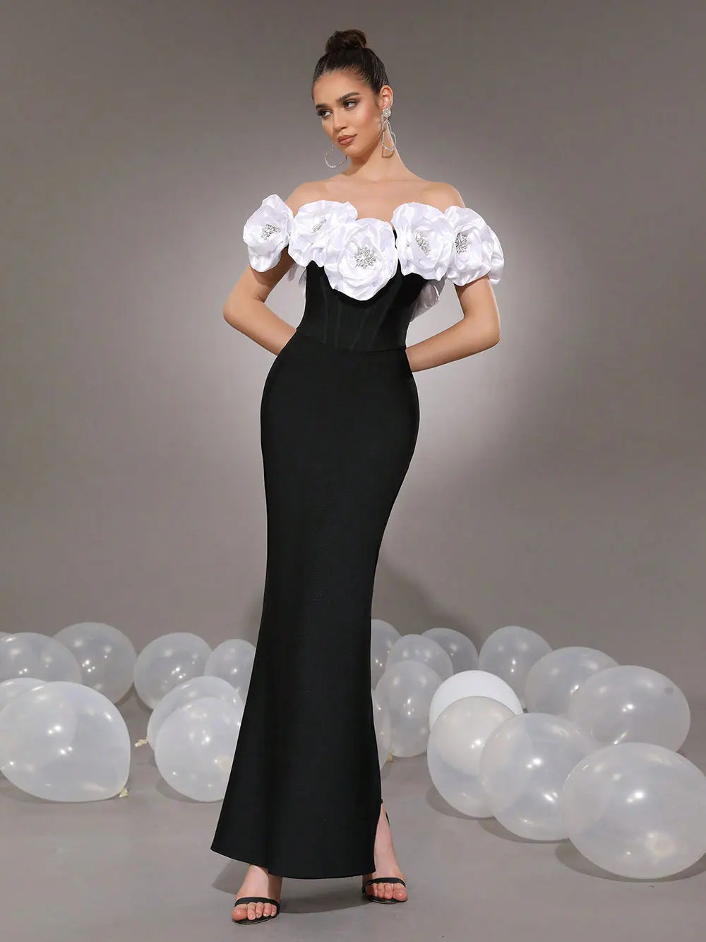 Elegant Women's Light Luxury Flower Design Bandage Dresses One Collar Shoulder Bodycon Bareback Long Dress Party Vestidos black