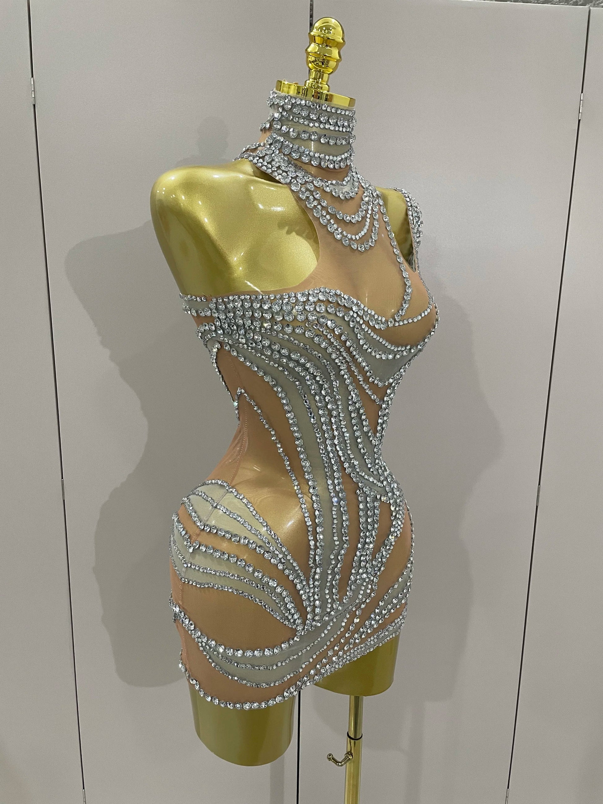 Luxury Sparkly Crystals See Through Mini Dress Women Celebrate Birthday Party Gowns Singer Performance Stretch Stage Costume