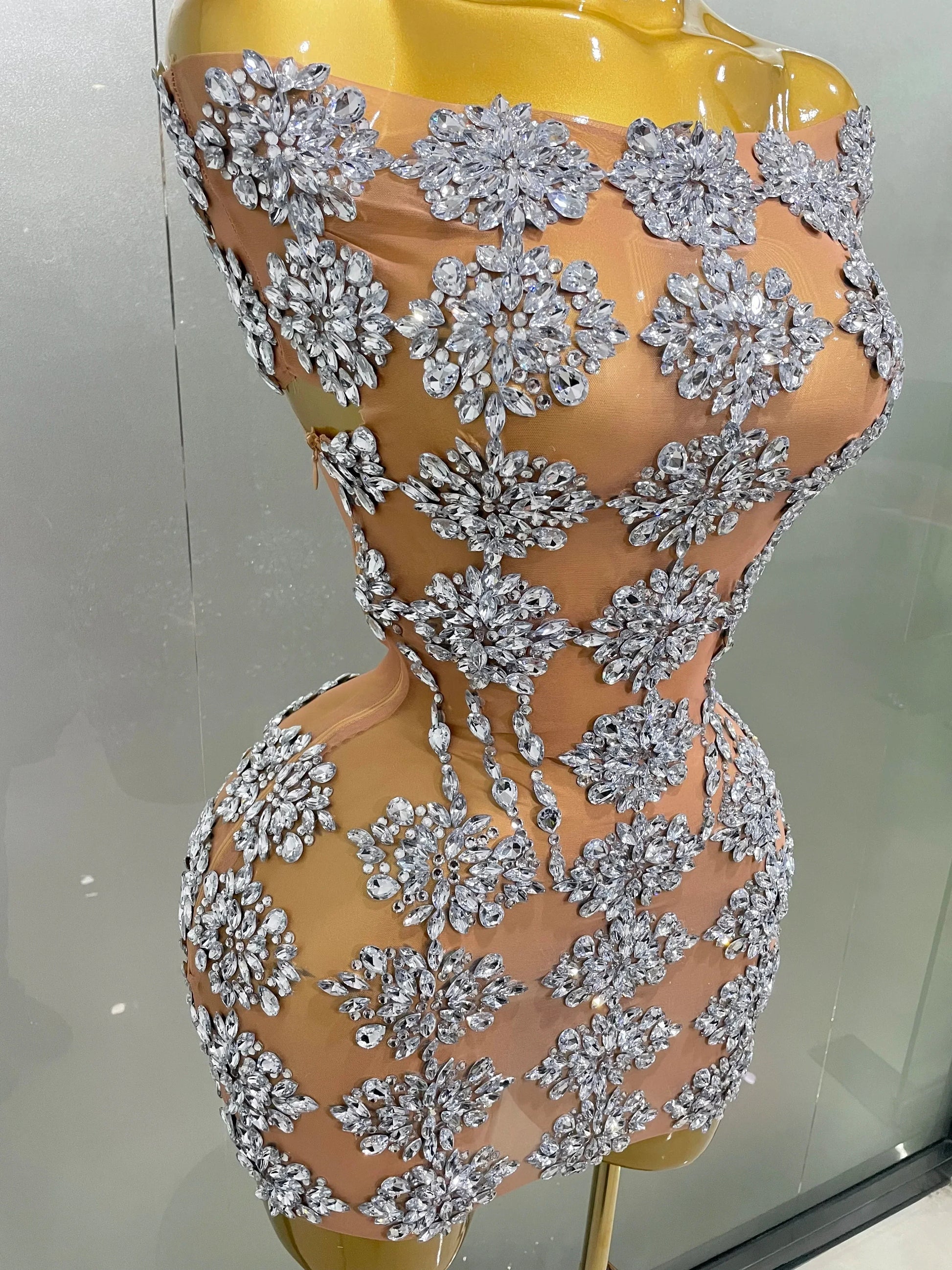 Luxury Sparkly Rhinestone Mesh Mini Dress Women Sexy Nightclub Party Dance Performance Costume Singer Dancer Show Stage Wear