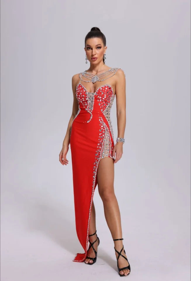 Women Sexy Strapless Shinning Rhinestones Bodycon Bandage Long Dress Fashion Celebrate Evening Party Vestido Red