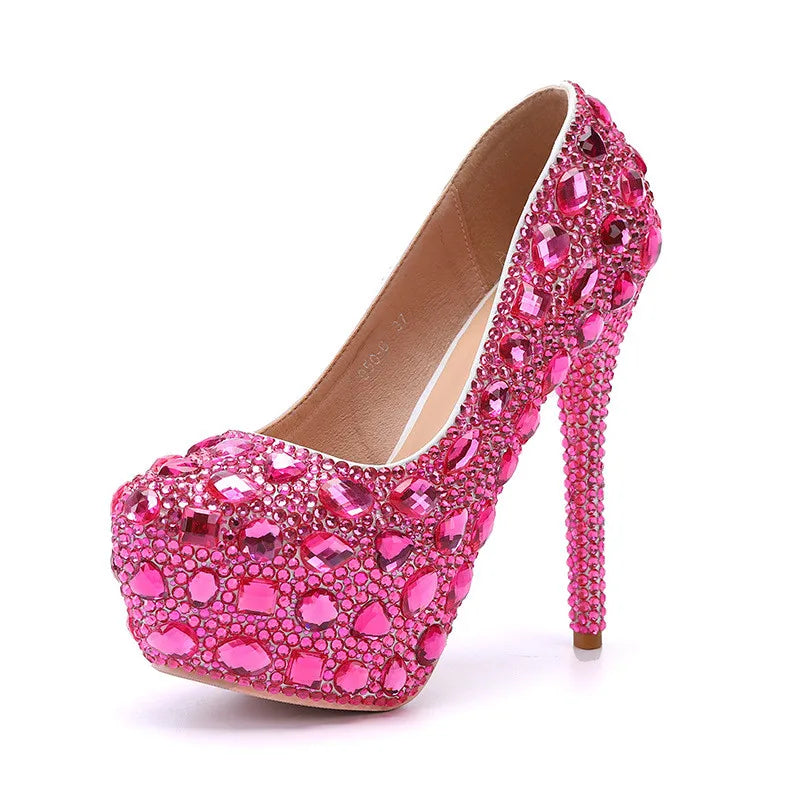 Bling Bling Luxury Rhinestones Diamond Women Pumps 14cm Ultra High heels Platform Wedges Party Shoes Fashon Wedding Bridal Shoe Rose