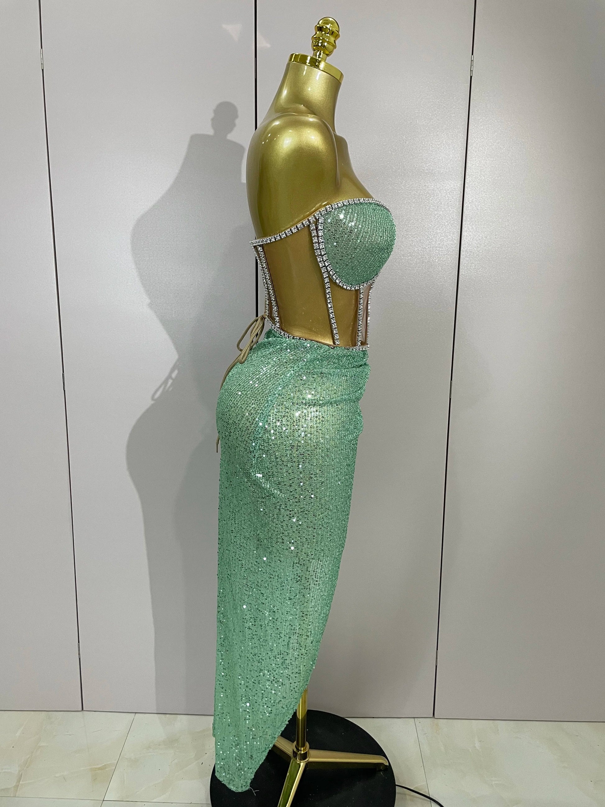 Sparkly Sequins Diamond Birthday Party Two Piece Set Evening Dress Women Sexy Singer Dancer NightClub Bar Performan Costume