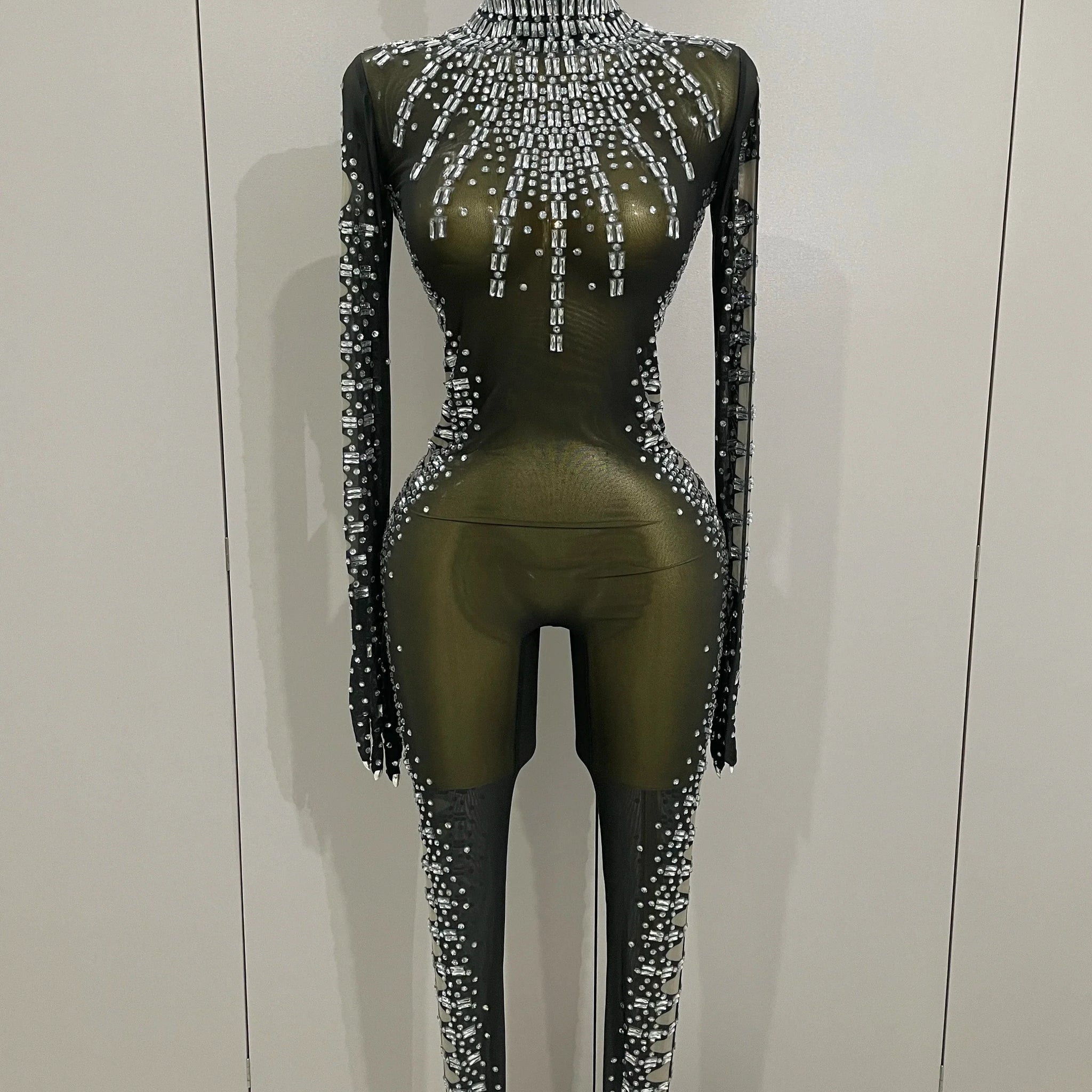 Sexy Sparkly Crystals Black Mesh Jumpsuit With Gloves Women Celebrate Birthday Party NightClub Singer Dance Stage Costumes black