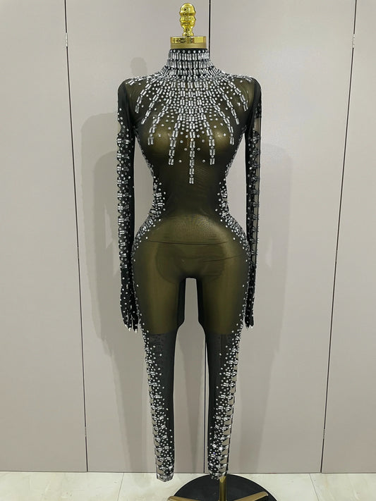 Sexy Sparkly Crystals Black Mesh Jumpsuit With Gloves Women Celebrate Birthday Party NightClub Singer Dance Stage Costumes black