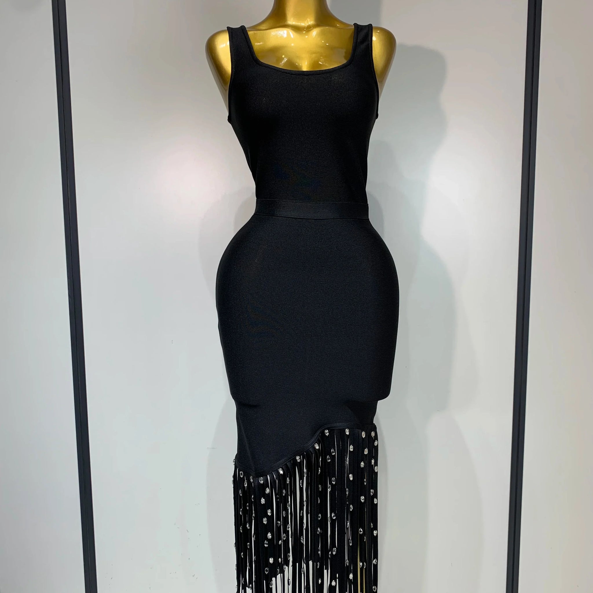 New Fashion Crystal Tassel Temperament Suspender Bodycon Bandage Dress Sexy Midi Evening Party Birthday Dresses Vestidos black