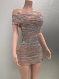 Sparkly Rhinestones Women Sexy Mesh Slash Neck Bodycon Mini Dress Celebrate Birthday Party Photo Shoot Dress Stage Wear