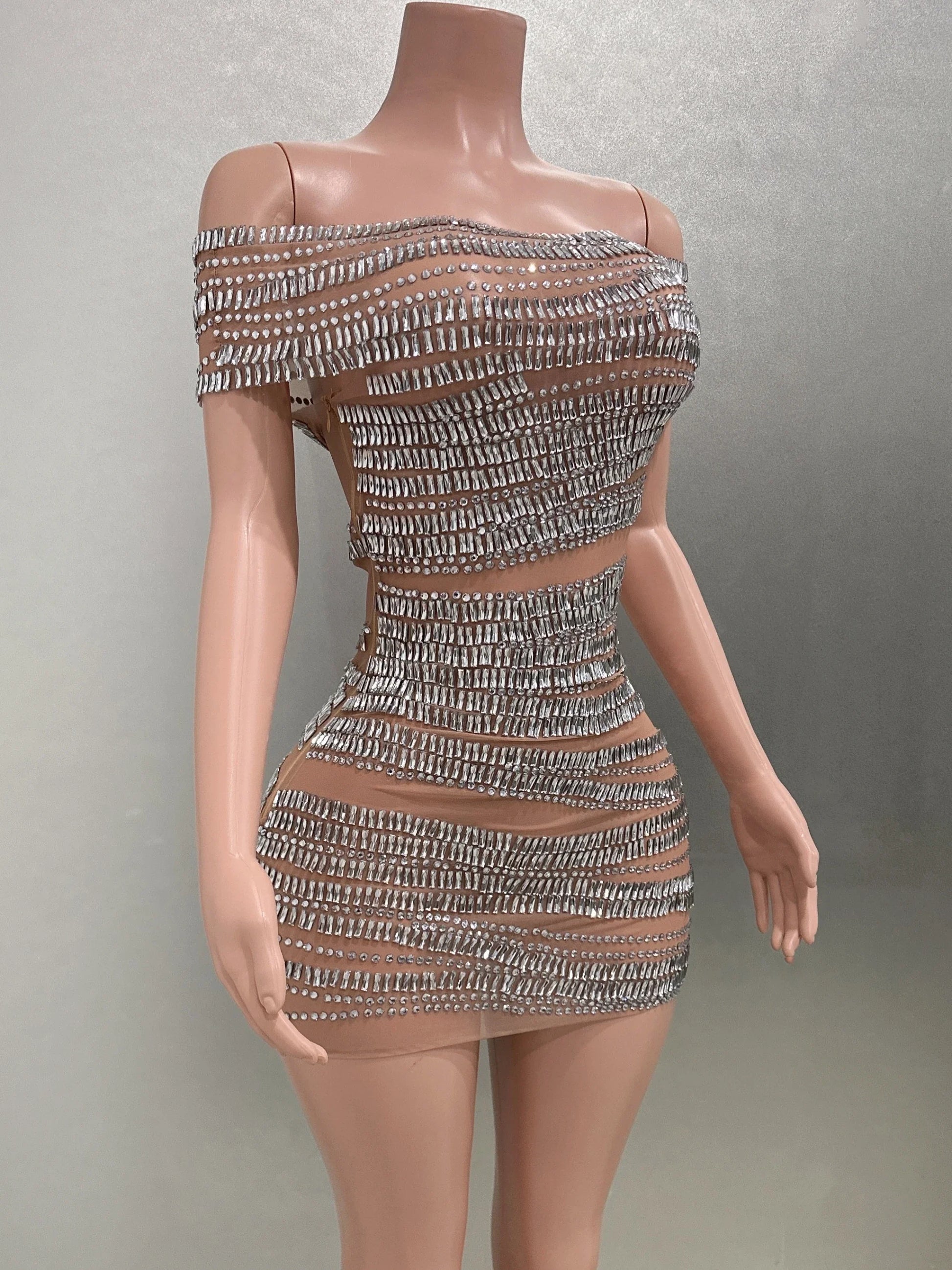 Sparkly Rhinestones Women Sexy Mesh Slash Neck Bodycon Mini Dress Celebrate Birthday Party Photo Shoot Dress Stage Wear