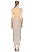 Women Celebrity Sexy Sleeveless Diamonds Backless Ruched Beige Maxi Long Gowns Dress Elegant Evening Party Club Vestido