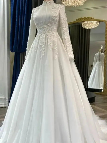 Elegant Arabic Dubai Muslim Wedding Gown with Appliques and Flowers, Long Sleeves, Tulle Fabric Bridal Dress As Picture