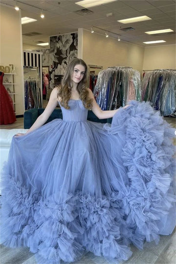 Misty Blue Prom Dresses Ball Gown Tulle Vestidos De Fiesta Graceful Off Shoulder Multilayer Graduation Party Dress