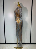Luxury Sparkly Diamonds Tassels Sexy Mesh Sheer Long Dress Women Evening Birthday Party Nightclub Bar Festival Stage Costumes