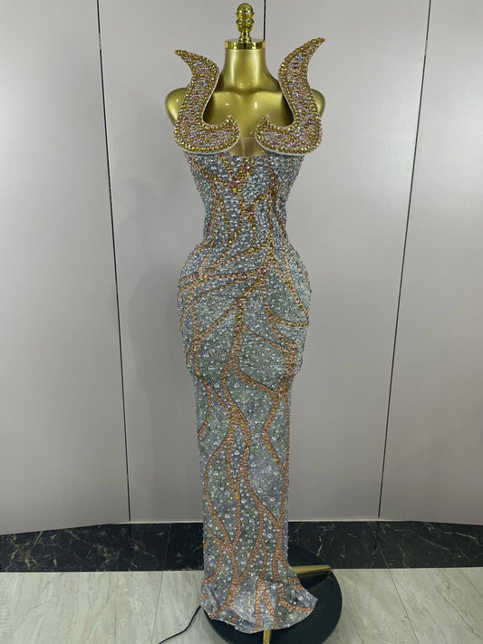 Luxury Crystals Diamonds Slit elegant Sheath Fishtail Dress Women Sexy Evening Party Performance Photoshoot Stage Dress MULTI