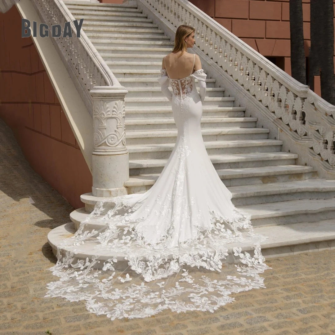 Exquisites Hochzeitskleid für Frau Meerjungfrau Spaghetti Straps V-Ausschnitt Spitzen Applikat Braut Kleid Sweep-Zug Vestido de Customed