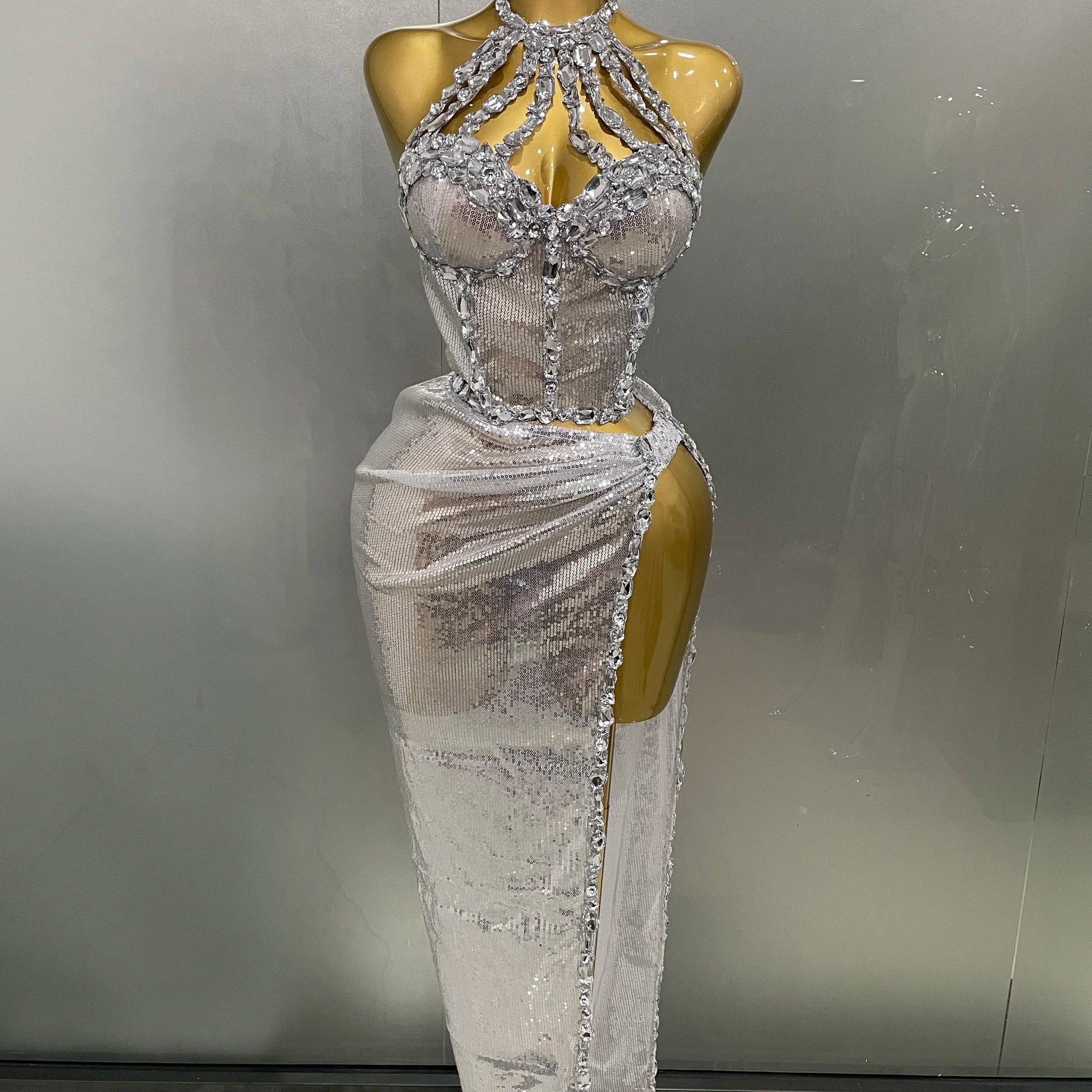 Sexy Luxury Shiny Diamond Sequins Cocktail Dress 2Pcs Set Women Evening Celebrate Birthday Party Nightclub Stage costume Silver