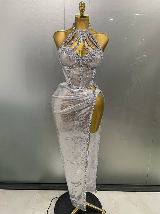 Sexy Luxury Shiny Diamond Sequins Cocktail Dress 2Pcs Set Women Evening Celebrate Birthday Party Nightclub Stage costume Silver