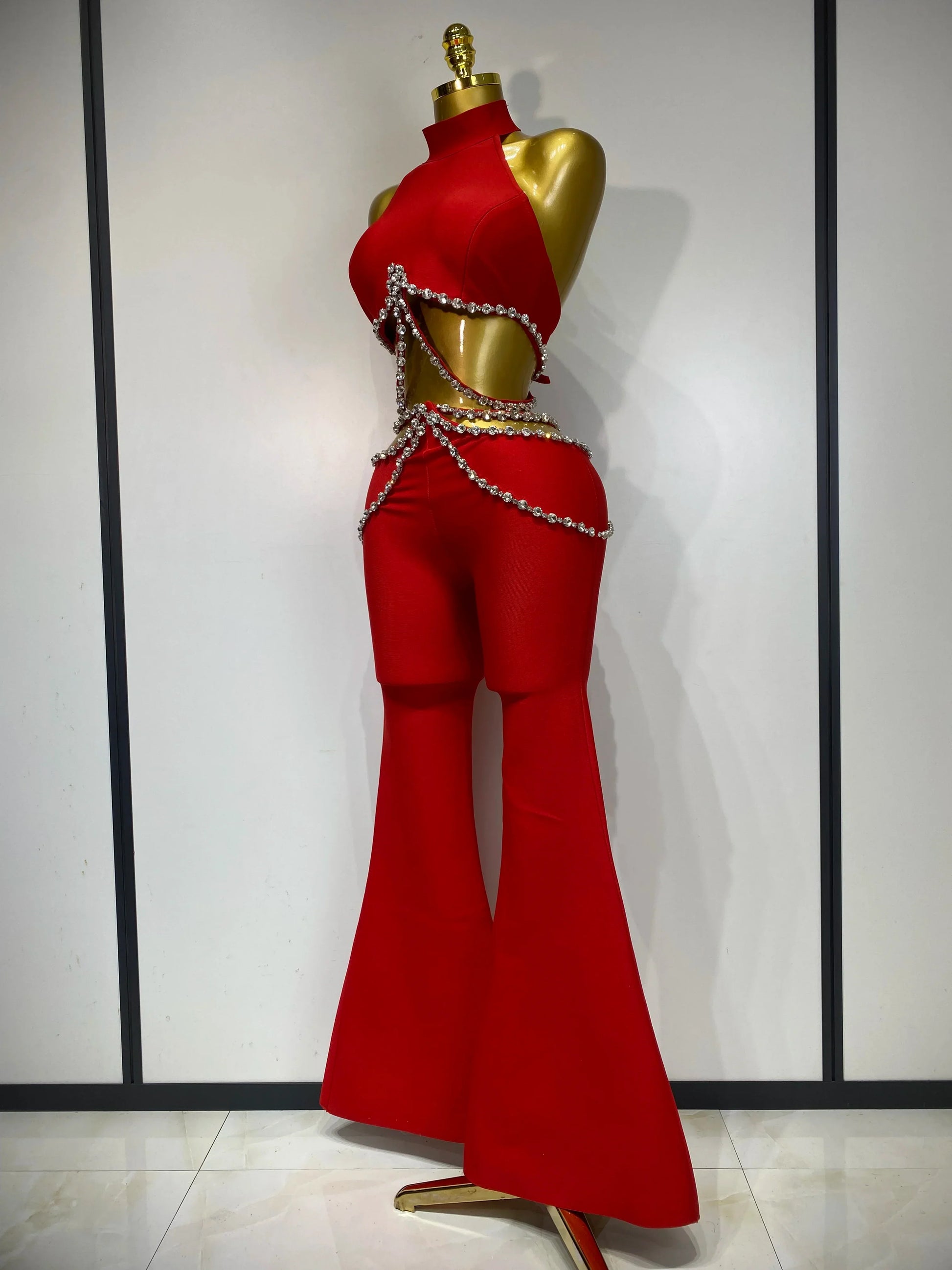 Women Luxury Rhinestone Red Sexy Cut Out Two Piece Pants Bandage Set Celebrity Designer Fashion Women's Set Stage Outfit