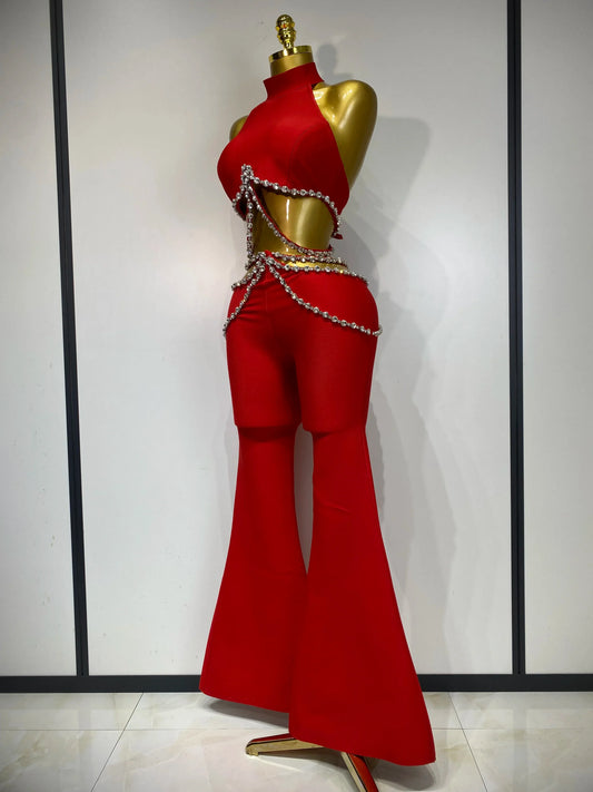 Women Luxury Rhinestone Red Sexy Cut Out Two Piece Pants Bandage Set Celebrity Designer Fashion Women's Set Stage Outfit