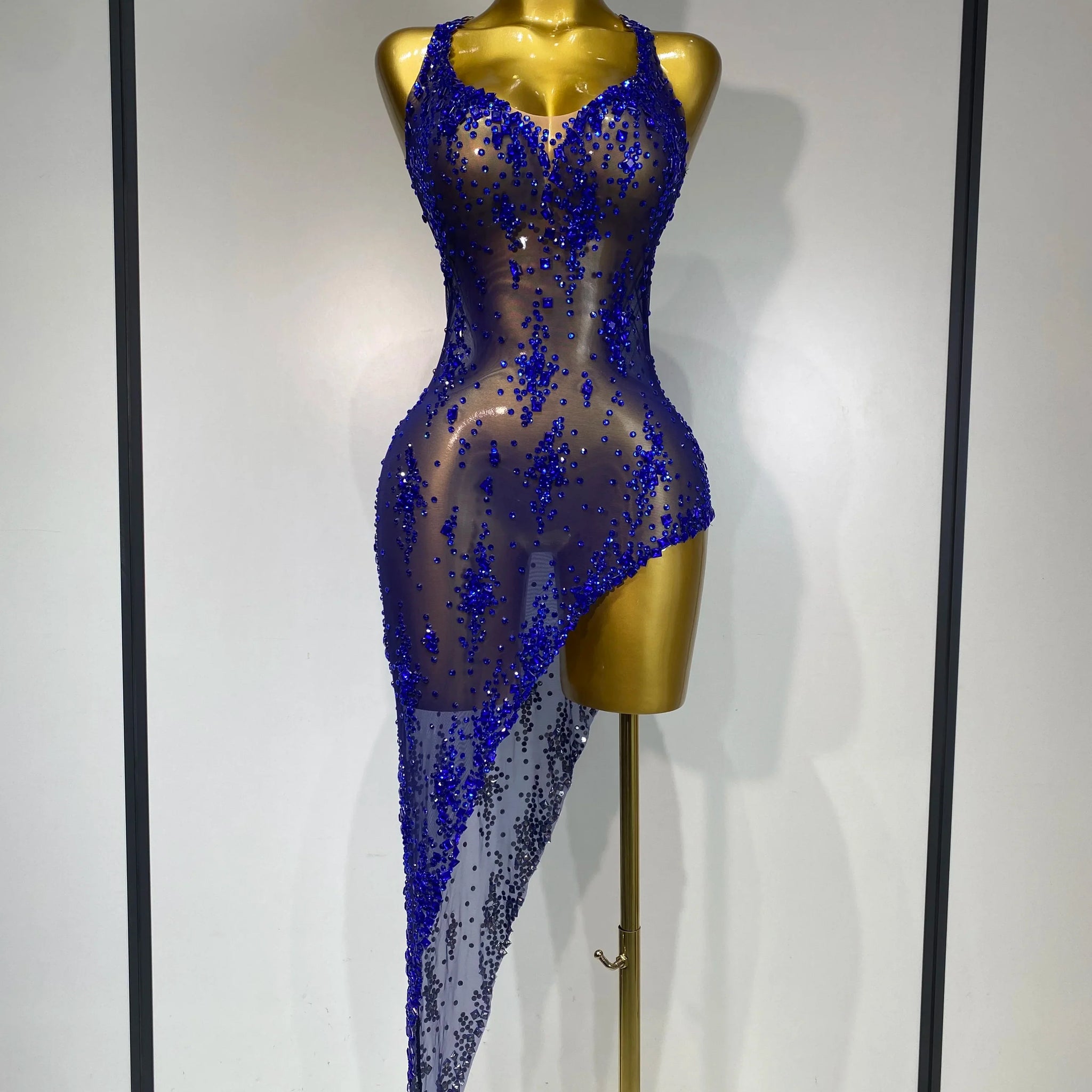 Women Sexy Luxury Birthday Prom Gowns Sparkly Diamond See Through Mesh Stretch Asymmetrical Dress Celebrity Elegant Stage Outfit Blue