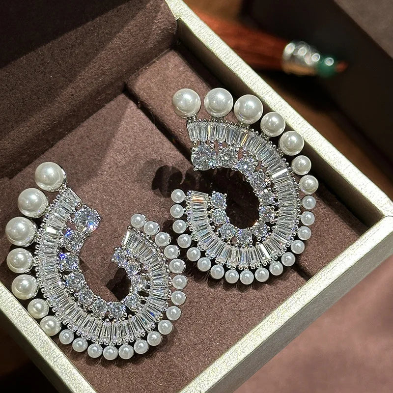 Luxury Pearl AAA Zircon Bridal Earrings CZ Cubic Zirconia Wedding Earring For Brides Bridesmaids Accessories Women Prom Jewelry