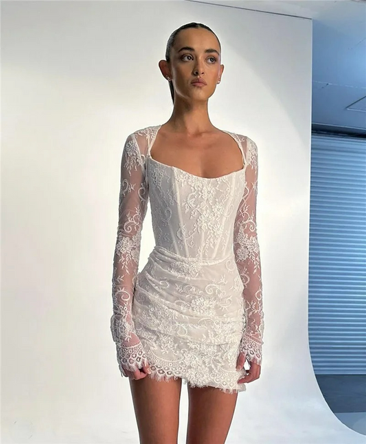 Sexy Full Lace Short Wedding Dresses With Jacket Long Sleeves Boning Mini Bridal Gowns Robe de mariage Party Dress
