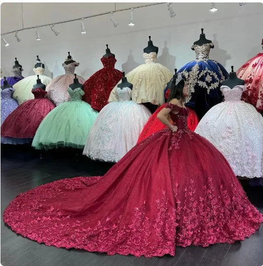 Burgundy Butterfly Quinceanera Dresses Off-Shoulder Luxury Lace Cinderella 16 Princess Gowns Vestidos De 15 Anos
