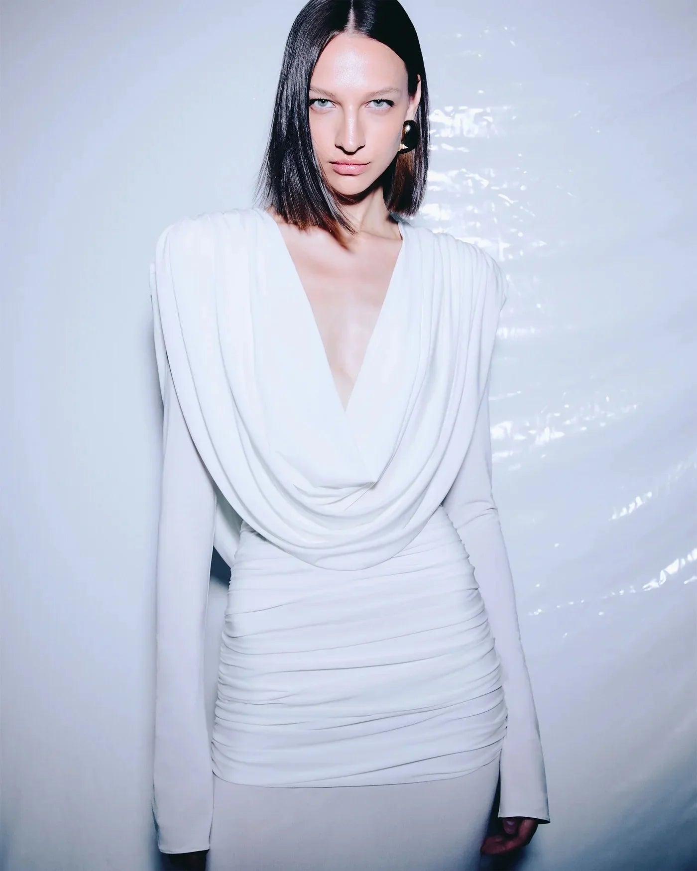 White Color Women Long Sleeve Sexy V-Neck Draped Bodycon Long Dress Fashion Celebrate Evening Party Birthday Outfit