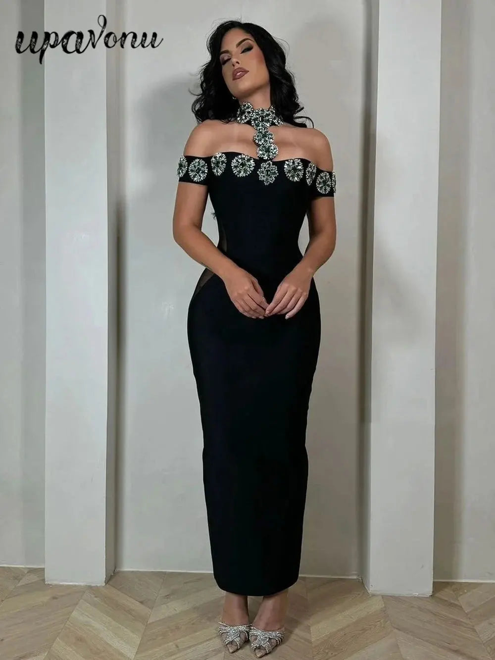 Sexy Women Light Luxury Nail Bead Bandage Dress Hanging Neck Shoulder Short Sleeve Bodycon Long Dress Evening Party Vestido