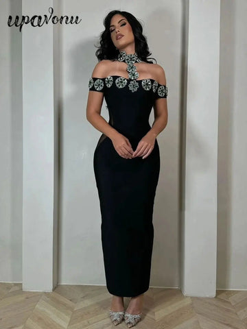 Sexy Women Light Luxury Nail Bead Bandage Dress Hanging Neck Shoulder Short Sleeve Bodycon Long Dress Evening Party Vestido