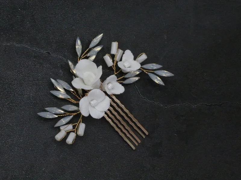 Bridal Jewelry Porcelain Flower Hair Combs Pins Clips Opal Hairpins Bride Bridesmaids Gold Color Head Pieces Wedding Accessories g333