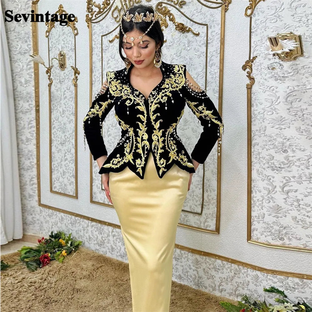 V-Neck Mermaid 2 Pieces Traditional Algerian with Overskirt Velour Gold Lace Formal Dress vestido de noiva Outfits